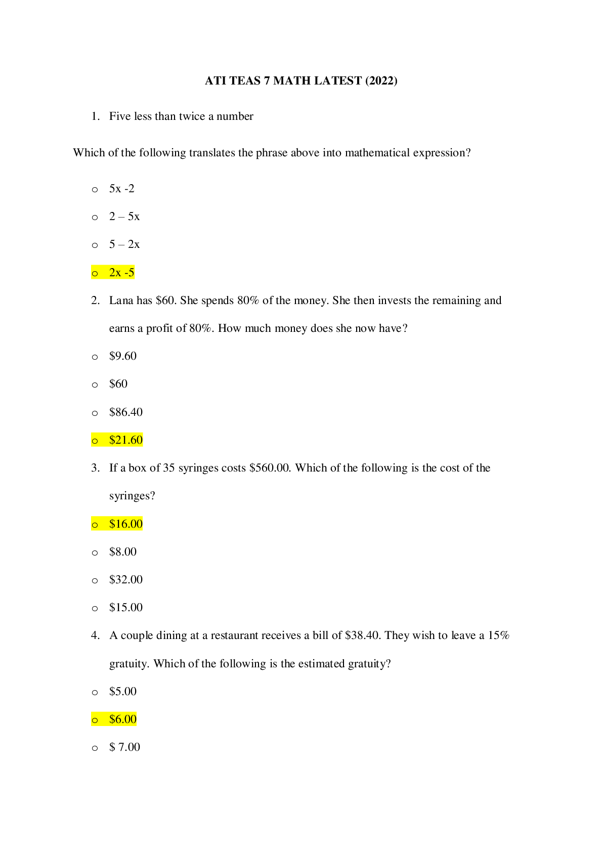 Preview image for ATI TEAS 7 MATH LATEST (2022)